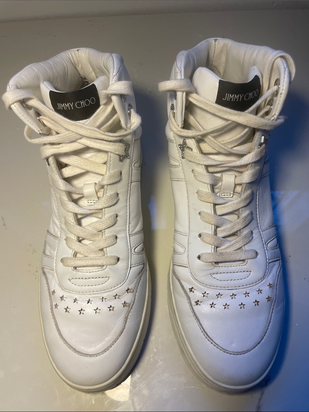 Jimmy Choo White Leather Star-Stud High-Top Sneakers